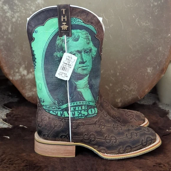TIN HAUL men's DEUCE money themed square toe leather cowboy boot sz 13EE NWT